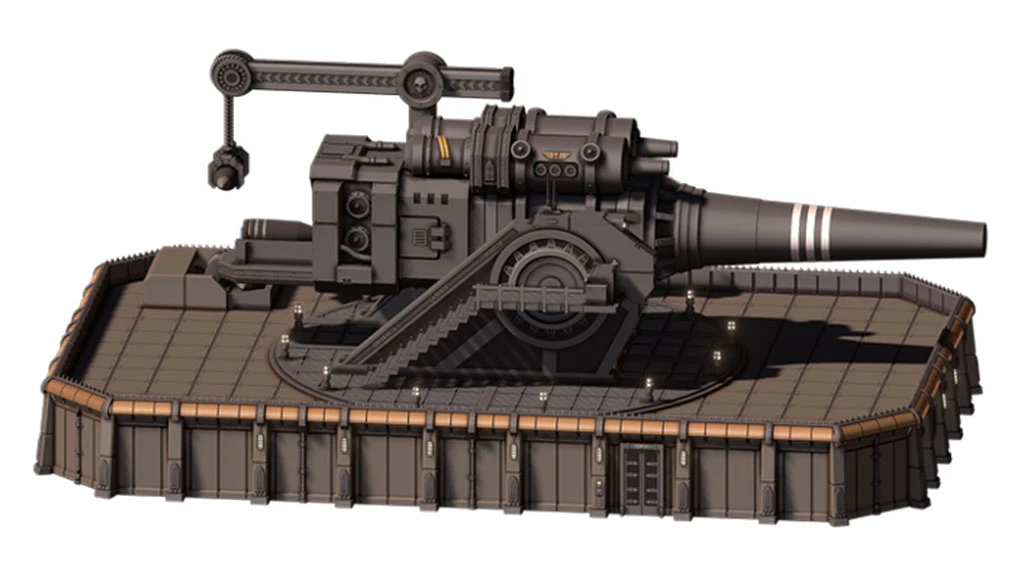 A large, detailed artillery piece is mounted on a flat, rectangular platform with a textured surface. The cannon features a prominent barrel with black and white stripes, a complex mechanical structure, and a staircase leading up to it. The platform is designed with industrial elements, including various panels and lights, emphasizing a grimdark aesthetic suitable for a sci-fi tabletop setting.