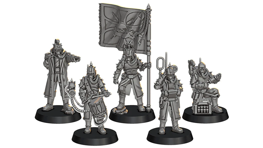 Five detailed miniatures stand on black bases, showcasing a variety of characters from the War Scenery’s Fall of Castograd campaign. The figures include a flag bearer with a skull emblem, a drummer with a drum and a chain, and other characters equipped with various weapons and gear, all designed in a spiky, grimdark style. Each miniature features intricate details, emphasizing their dynamic poses and unique attributes.
