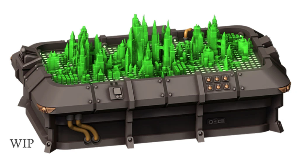 A detailed 3D rendering of a futuristic command board, featuring a dark metallic base with various control panels and pipes. The top surface is adorned with vibrant green crystalline structures resembling a cityscape, set against a grid pattern. The design includes an emblem on the side, indicating its thematic connection to a sci-fi universe.