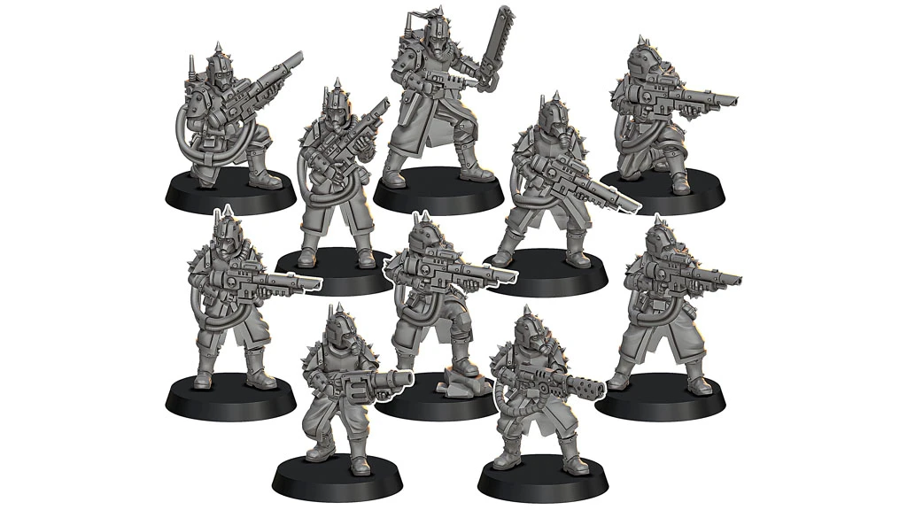 A collection of ten detailed miniatures stands on black bases, depicting spiky, renegade guardsmen from a grimdark sci-fi setting. Each figure is armed with various weapons, including rifles and a chainsaw, showcasing dynamic poses and distinctive armor adorned with spikes. The miniatures vary in stance and weaponry, emphasizing their roles as command, veterans, and grunts within the unit.