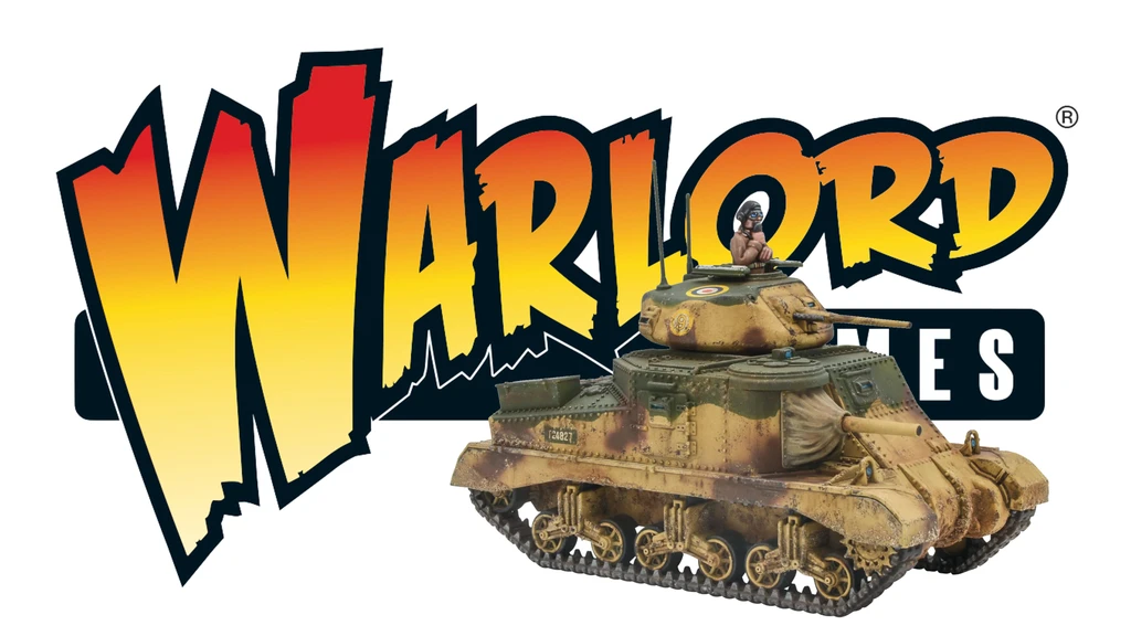 A detailed model of the M3 Grant medium tank is prominently displayed, featuring a camouflage paint scheme with earthy tones. A miniature figure of a soldier wearing a helmet and goggles is positioned on top of the tank, adding a dynamic element to the scene. The background features the bold, stylized text "WARLORD" in vibrant red and yellow, enhancing the overall visual impact.