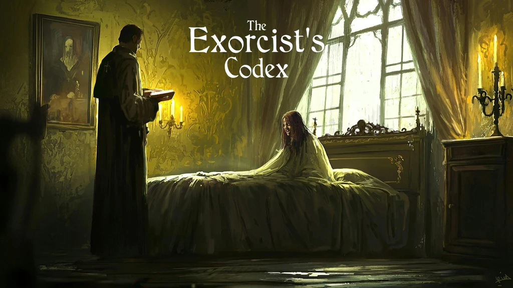A dimly lit room features a figure in a dark robe holding a book, standing beside a bed where a young woman with long hair sits, wrapped in a light-colored blanket. The atmosphere is tense, with flickering candlelight casting shadows on the ornate wallpaper and a large window revealing a gloomy exterior. The title "The Exorcist's Codex" is prominently displayed at the top of the image.