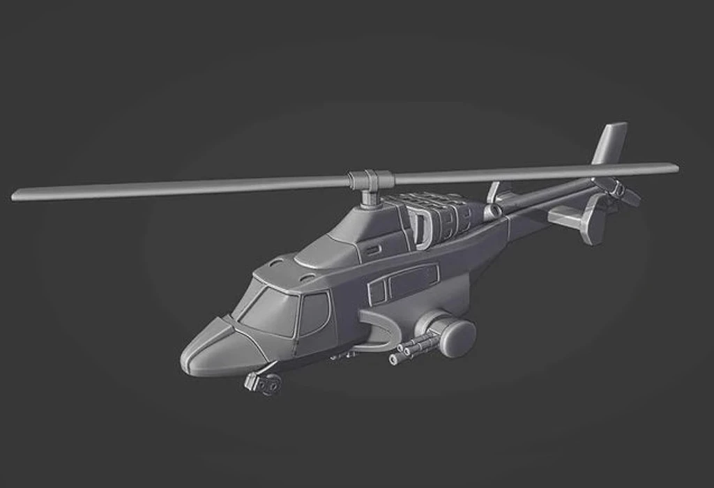 A detailed 3D model of a futuristic VTOL (Vertical Take-Off and Landing) aircraft, resembling a helicopter, is displayed against a dark background. The design features a sleek fuselage with a prominent cockpit, twin rotors on top, and various weapon hardpoints on the sides. The model showcases modular elements, including options for different cockpits and accessories, emphasizing its adaptability for various configurations.