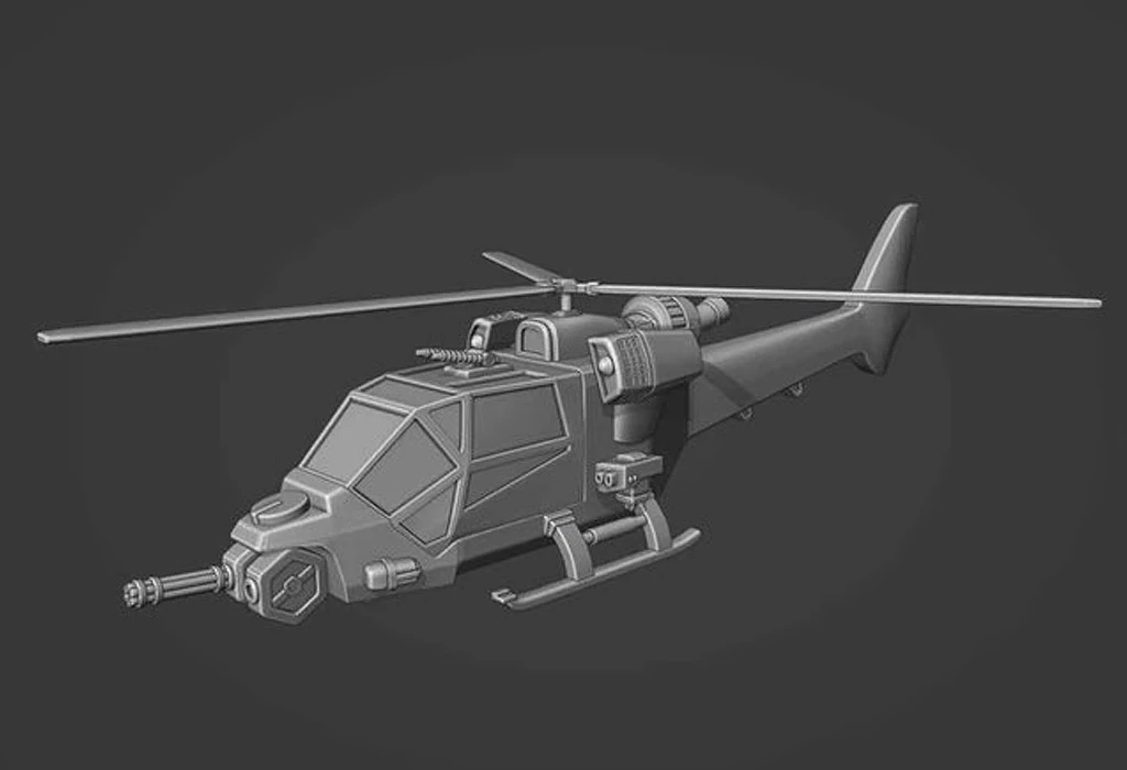 A detailed 3D model of a futuristic VTOL aircraft, resembling a helicopter, is presented against a dark background. The design features a sleek, angular cockpit with multiple windows, a prominent chin-mounted weapon, and twin rotors on top. Additional elements include side-mounted hardpoints and a streamlined tail, emphasizing its modular and adaptable nature for various configurations.