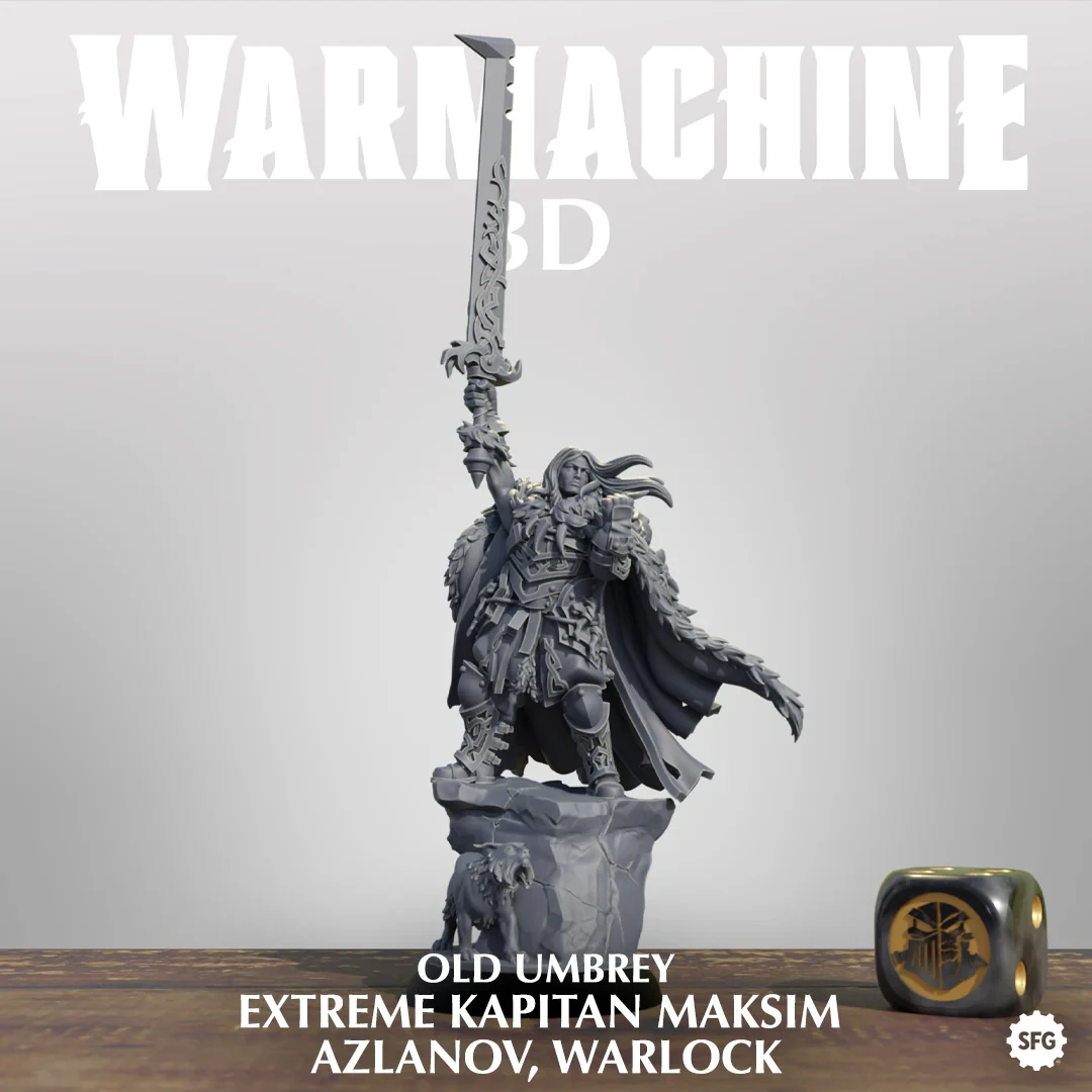 A detailed 3D model of Old Kapitan Maksim Azlanov, a legendary warlock from the Old Umbrey Core Expansion, stands triumphantly on a rocky base, holding a large sword aloft. He is depicted wearing a flowing cloak and intricate armor, with a fierce expression and long hair. The background is a soft gradient, enhancing the focus on the figure, while a gaming die is positioned on the right side for context.