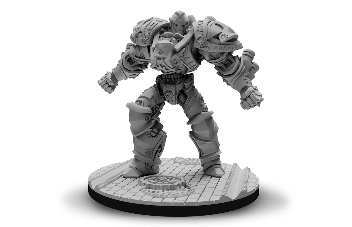 A highly detailed miniature of a large, armored mechanical figure stands on a circular base with a textured surface. The figure features intricate designs and engravings on its armor, showcasing a robust and imposing presence, with a muscular build and a fierce expression. The overall color is a light gray, emphasizing the sculpted details of the armor and the mechanical components.
