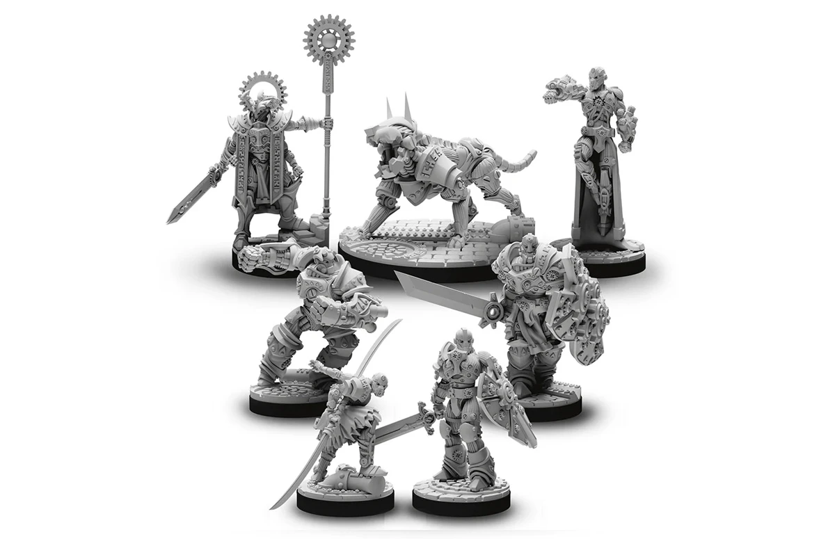 A collection of detailed miniatures features various mechanical and armored figures, including a central character wielding a sword and a staff, flanked by a robotic dog and several warriors in intricate armor. The miniatures are designed with a steampunk aesthetic, showcasing gears and mechanical elements, all rendered in a gray, unpainted finish. The scene is set on a textured base that adds depth to the display, emphasizing the fantasy theme suitable for tabletop gaming.
