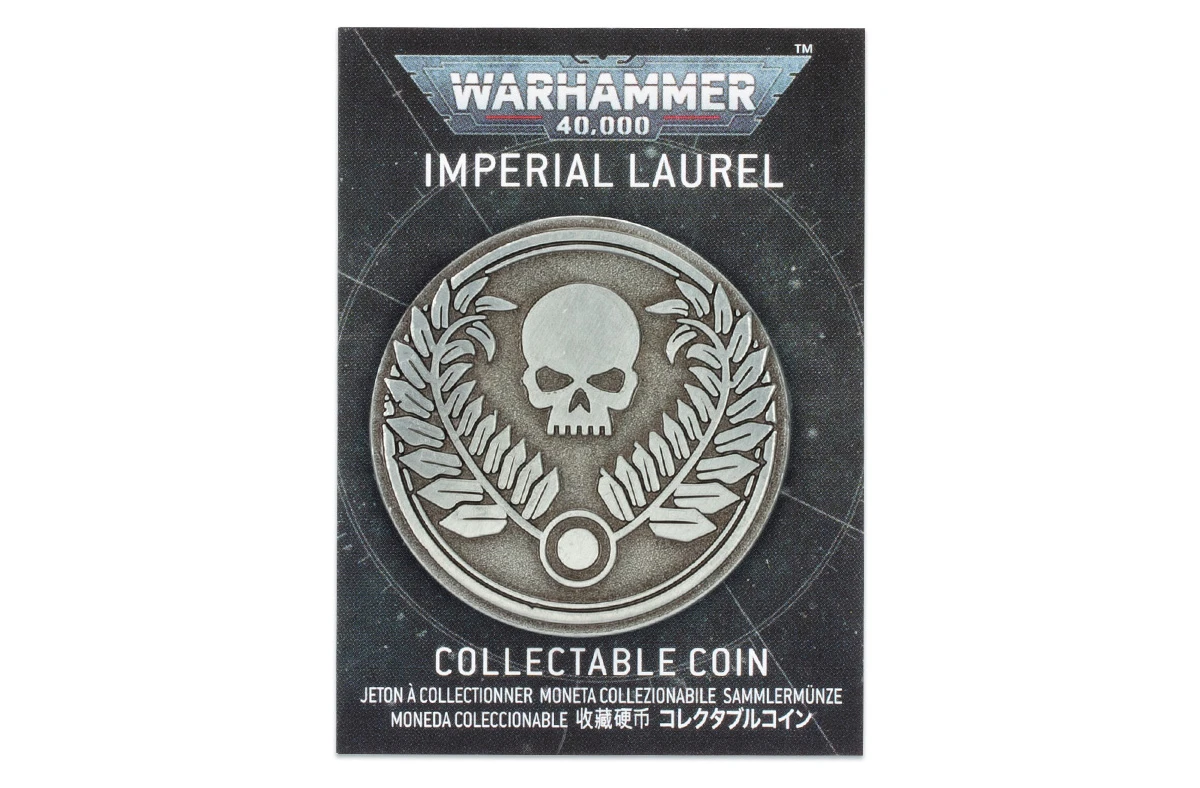 A collectible coin featuring a prominent skull surrounded by laurel leaves, set against a dark, starry background. The coin is labeled 