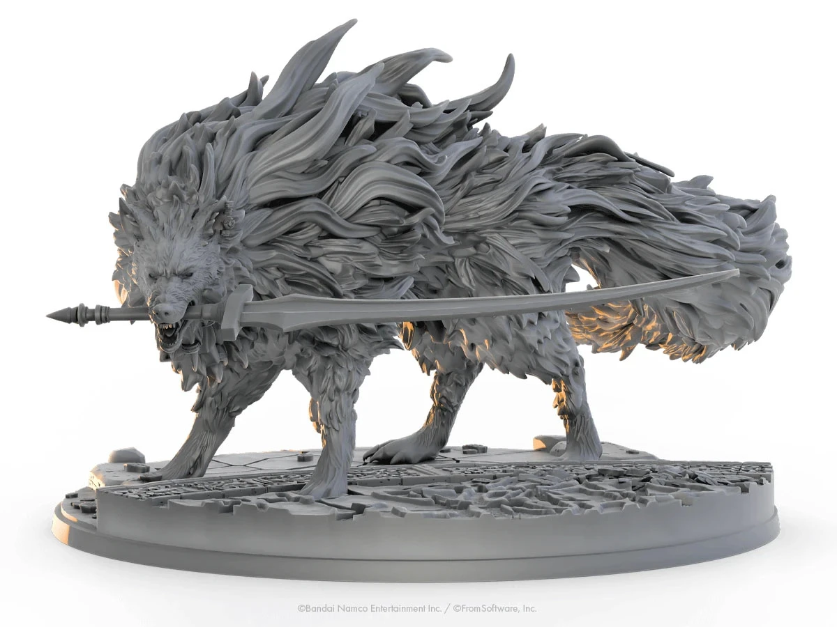 A highly detailed gray miniature of a large, wolf-like creature with flowing fur and a fierce expression, poised on a circular base. The creature has a long, curved sword embedded in its side, adding to its menacing appearance. The base features intricate textures, resembling cracked stone, enhancing the overall dramatic effect of the figure.