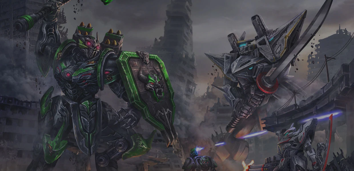 A large, armored robot with a menacing appearance stands on the left, featuring dark metallic colors with green accents and a shield displaying a horned creature's face. Opposite it, another imposing robot with sharp angles and a sleek design is positioned on the right, emitting beams of energy. The background depicts a desolate, ruined cityscape, adding to the dramatic atmosphere of the scene.