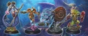 A vibrant underwater scene features four intricately designed miniatures from the game DeepWars. On the left, a mermaid with a flowing tail and a trident stands poised, while next to her, a steampunk diver in ornate armor brandishes a weapon. The third figure is a tentacled creature wielding a harpoon, and on the far right, a colorful, armored being with a shell-like back holds a spear. The background showcases a fantastical underwater landscape filled with swirling colors and marine elements.