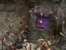 A collection of fantasy miniatures features several lizardmen, one wielding a shield and weapon, and another with a torch, set against a rocky backdrop. In the background, a large, purple creature with multiple eyes and a menacing expression looms, adding to the scene's fantastical atmosphere. A female character in dark robes stands nearby, while other figures in armor are partially visible, enhancing the sense of adventure.