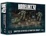 A box for the "Konflikt '47 United States Starter Army" features a dynamic scene with various miniatures and vehicles. In the foreground, several detailed figures in military attire are arranged alongside a tank and a large, mechanized walker, showcasing the game's unique blend of historical and sci-fi elements. The background depicts a war-torn environment, enhancing the thematic setting of the game.