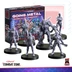 A set of six cyborg miniatures from Monster Fight Club's "Going Metal" collection, designed for the Cyberpunk Combat Zone game, is displayed in the foreground. Each miniature features a unique design, showcasing various cybernetic enhancements, and stands on circular black bases. Behind them, the packaging for the set is visible, featuring vibrant artwork and the title "GOING METAL" prominently displayed.