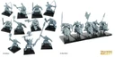 A collection of ten grey plastic orc miniatures is displayed on black bases, showcasing various poses and weapons. The orcs are equipped with a mix of weapons, including bows, swords, axes, and shields, highlighting their battle-ready stance. Each figure features distinct facial expressions and armor details, emphasizing their fierce and aggressive nature.