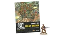 A full-colour book titled "Armies of Great Britain" features a dynamic illustration of British soldiers in combat, set against a backdrop of rubble and destruction. The cover prominently displays the title "BOLT ACTION" along with the subtitle "Armies of Great Britain" and indicates it is the third edition. To the right, a miniature figure of Captain John Henry Cound Brunt is shown, adding a collectible element to the book.