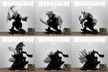 A collection of six 3D models from the Warmachine series is displayed in a grid format. The top row features three Primeval models, each showcasing unique designs with intricate details, including armor and weaponry. The bottom row presents three Feral models, characterized by their beastly forms and dynamic poses, with some featuring wings and distinctive facial features, all set against a simple background.