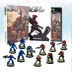 A collection of miniatures and rulebooks for the sci-fi tabletop game Void 2.0 is displayed. In the foreground, there are 12 painted miniatures: four blue Viridian Interdict Marines, one blue Viridian Assault Marine with a heavy machine gun, six red Junkers Convict Legionaries, and one red Junker Legionary with a flamethrower. In the background, three rulebooks are visible, including the "INTRODUCTORY SET," "Combat Manual," and "Squad Tactics," all featuring dynamic artwork.