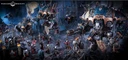 A dramatic scene showcases two imposing Chaos Knights, the Knight Ruinator and Knight Abominant, towering over a battlefield littered with detailed miniatures. The Knights feature intricate designs, with one adorned in dark metallic colors and the other showcasing a mix of blue and gold accents. Surrounding them are various smaller figures in red cloaks, wielding weapons, set against a backdrop of gothic ruins and atmospheric lighting.