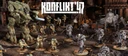 A dynamic scene from Konflikt '47 features a variety of detailed miniatures set in a war-torn environment. In the foreground, U.S. Airborne soldiers in green uniforms wield weapons, while Axis soldiers in heavy armor and distinctive designs stand ready for battle. The backdrop includes ruined structures and scattered debris, enhancing the atmosphere of this alternate history conflict. The title "KONFLIKT '47" is prominently displayed at the top.