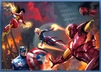 A dynamic scene features several iconic superheroes engaged in battle amidst a chaotic urban backdrop. On the left, a female hero with red and yellow attire unleashes energy blasts, while a flying hero in a blue and gold costume, likely Captain Marvel, propels forward. In the foreground, Iron Man, clad in his red and gold armor, prepares to strike, and Captain America stands resolutely, holding his shield emblazoned with a star. The atmosphere is charged with tension, reflecting the theme of hero versus hero.