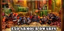 A group of five EXO armour dwarves stands prominently against a detailed industrial backdrop, showcasing a mix of sci-fi power armour and steam-driven, Victoriana style carapace. Each dwarf is uniquely posed and equipped with various weapons, including a drill and firearms, highlighting their distinct designs. The text "EXO ARMOUR DWARFS" is boldly displayed at the bottom of the image.