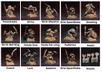 A collection of painted miniature figures, each depicting various goblin-like characters in dynamic poses. The figures are displayed in a grid format, showcasing their unique weapons and features, such as staffs, slings, and clubs. The background is dark, highlighting the detailed paintwork and textures of each miniature, with names labeled beneath each figure.