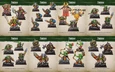 A collection of colorful goblin miniatures is displayed, featuring various character types including heroes, champions, standard bearers, and Iron Skulls. Each miniature is intricately designed, showcasing unique details and poses, with vibrant colors that highlight their personalities. The bottom section includes goblin archers and mercenaries, all presented on 25mm square bases, emphasizing their role in a fantasy warband or army.