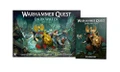The image features the box art for "Warhammer Quest: Darkwater," showcasing a dynamic scene of heroes engaged in battle against various foes in a dark, murky environment. Prominent characters include a knight with a lion-emblazoned shield, a warrior wielding a spear, and a female character with flowing hair, all set against a backdrop of ominous creatures and ruins. To the right, the rulebook is displayed, featuring similar artwork and the title "Warhammer Quest: Darkwater."