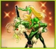 Enchantress and Loki are depicted in a playful dance, both wearing vibrant green costumes adorned with various details. Enchantress, with long blonde hair, is leading the dance, while Loki, with darker hair and a mischievous expression, is being twirled. The background features a warm, glowing effect with sparkling stars, enhancing the whimsical atmosphere of the scene.