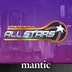 The image features the logo for "Dreadball All Stars," prominently displayed against a futuristic cityscape with tall, sleek buildings and a purple sky. The logo includes the words "DREADBALL" in bold yellow and "ALL STARS" in silver, with a stylized star and a dynamic design element suggesting movement. The Mantic logo is positioned at the bottom, indicating the publisher's branding.