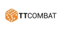 The image features the TT Combat logo, which consists of the letters "TT" in bold black font next to the word "COMBAT" in a similar style. An orange die with white dots is positioned to the left of the text, adding a playful element to the design. The overall look is clean and modern, reflecting the brand's focus on tabletop gaming.