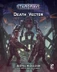 A dramatic cover illustration for the "Death Vector" supplement of Stargrave features two armed characters in futuristic armor, facing a menacing, cybernetic figure in the center. The background depicts a dark, high-tech environment with wires and mechanical elements, enhancing the ominous atmosphere. The title "STARGRAVE Death Vector" is prominently displayed at the top, along with the author's name and illustrator credits at the bottom.