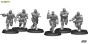 Three sci-fi miniatures are displayed, featuring stealth-suited soldiers in dynamic poses. The figures are equipped with various weapons, including a pistol and an MP7, and wear tactical gear such as body armor and goggles. Each miniature stands on a circular base, showcasing detailed sculpting and design.