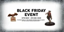 A promotional graphic for TTCombat's Black Friday event features bold text stating "BLACK FRIDAY EVENT" at the top, with dates from "27TH NOV - 4TH DEC 2025" below. On the left, there is an illustration of a small cart with a red and white striped umbrella, while on the right, a miniature figure stands, showcasing a character in a dynamic pose. The text highlights a free miniature offer for purchases over £75 and a second free miniature for orders over £150.