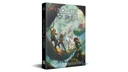A fantasy role-playing game supplement titled "Uncharted Journeys" is prominently displayed, featuring a colorful cover illustration. The artwork depicts a diverse group of adventurers, including a warrior, a rogue, and a spellcaster, navigating a lush, mystical landscape filled with fantastical creatures and vibrant foliage. The spine of the book is visible, showcasing the title and a logo, while the tagline at the bottom invites players to undertake dangerous journeys in uncharted lands.