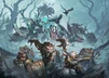 A dynamic scene features a variety of characters and creatures from the Old Umbrey Command Starter and Battlegroup Box. In the foreground, a fierce, wolf-like warbeast with red markings stands alongside a soldier aiming a rifle, while a small bird perches nearby. In the background, a witch in flowing robes commands a spectral figure, flanked by various warbeasts and warriors, all set against a misty, eerie landscape filled with twisted trees and shadowy figures.