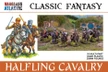 A vibrant illustration features a group of halfling cavalry figures, each mounted on horses and equipped with various weapons such as swords and lances. The left side displays a colorful, hand-drawn depiction of halfling knights, while the right side shows detailed painted models in a natural setting with grassy terrain and small buildings in the background. The text "CLASSIC FANTASY HALFLING CAVALRY" is prominently featured, along with specifications about the set.