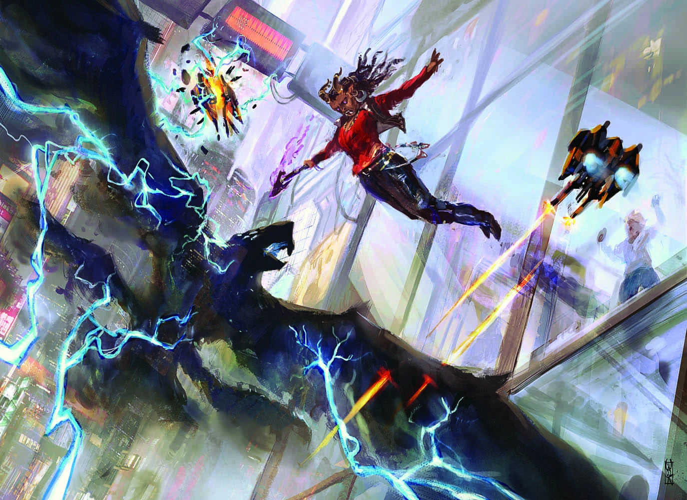 A dynamic scene depicts a character in mid-air, wielding a glowing weapon, as they confront a large, shadowy dragon-like creature. The background features a futuristic cityscape with bright neon lights and electric arcs, enhancing the cyberpunk atmosphere. The character, dressed in a red top, appears to be engaged in an intense battle, embodying the blend of action and mysticism central to the Shadowrun universe.