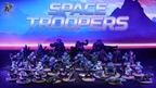 A diverse array of 28mm scale miniatures is displayed, featuring various space troopers, including grunts, ogryns, psykers, and halfling combat chefs, all intricately detailed and dynamic. The miniatures are set against a vibrant cosmic backdrop, with the bold text "SPACE TROOPERS" prominently featured at the top. The scene captures the essence of a sci-fi army, showcasing the unique character and variety of the figures.