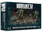 A box for the "Konflikt '47 United States Starter Army" features a dynamic scene with various miniatures and vehicles. In the foreground, several detailed figures in military attire are arranged alongside a tank and a large, mechanized walker, showcasing the game's unique blend of historical and sci-fi elements. The background depicts a war-torn environment, enhancing the thematic setting of the game.