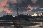 A dark and atmospheric scene depicts a calm harbor at dusk, with a weathered boat moored in the foreground. The sky is filled with dramatic clouds in shades of gray and hints of orange, reflecting the fading light. In the background, a silhouette of a decrepit town can be seen, with various buildings and masts of other boats, enhancing the sense of mystery and foreboding.
