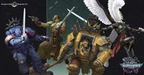 A dynamic illustration features four distinct characters from the Warhammer 40,000 universe. On the left, a Space Marine in blue armor holds a pistol, while a figure in a military uniform brandishes a sword in the center. To the right, an imposing Ork in yellow armor displays a fierce expression, and behind him, a character with a mechanical arm and a large weapon stands ready for battle. The background includes a stylized map, enhancing the sci-fi atmosphere of the scene.