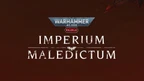 The image features the title "IMPERIUM MALEDICTUM" prominently displayed in bold, white lettering against a dark red background. Above the title, the "WARHAMMER 40,000" logo is showcased in a metallic blue and silver design, with the word "ROLEPLAY" highlighted in a red hexagon. The overall aesthetic conveys a sense of ominous grandeur, fitting for the Warhammer 40,000 universe.