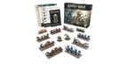 A display of the "Claws in the Sand" 2-Player Starter Set for Kings of War features a variety of miniatures and game components. The set includes two distinct armies: one with orange and brown figures, and another with blue and grey figures, arranged on bases. In the background, the box for the starter set is visible, showcasing artwork of warriors in battle, along with rulebooks and army lists laid out beside it.