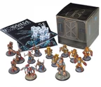 A collection of detailed resin miniatures from the Sythopian Wars starter set titled "VoidSiege" is displayed prominently. The scene includes various character models and units, such as the Asylumist N-Force and the Confederation forces, arranged around two copies of the 28-page rulebook and a set of dice. A box featuring futuristic design elements is also present, adding to the thematic presentation of the game.