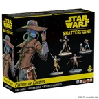 A box for the "Fistful of Credits" expansion for Star Wars: Shatterpoint features vibrant artwork of several bounty hunters. Prominently displayed is Cad Bane, a blue-skinned character wearing a wide-brimmed hat and a long coat, alongside Aurra Sing, who is depicted in a striking outfit. Other characters, including a Chadran-Fan, Todo 360, and a Devaronian, are shown in dynamic poses, emphasizing their roles as Secondary and Supporting Units. The box design includes the Star Wars and Shatterpoint logos, with a color scheme of black, yellow, and blue.