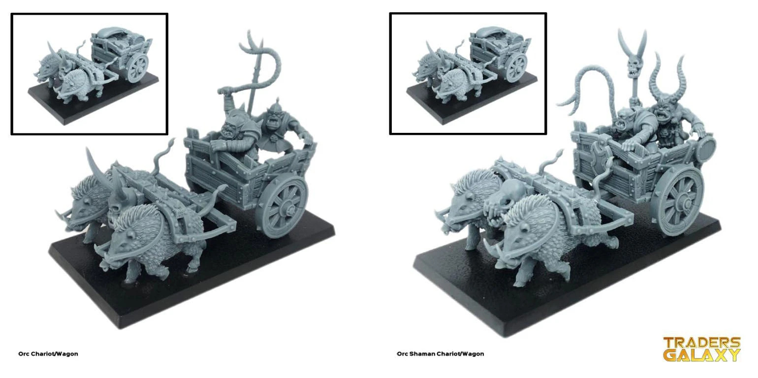 A detailed model of an orc shaman chariot is prominently displayed, featuring two boar-like creatures harnessed to a wooden cart. The chariot is manned by two orc figures, one wielding a staff, while the other appears to be steering. Surrounding the main model are smaller images showcasing different angles and details of the chariot and its occupants.