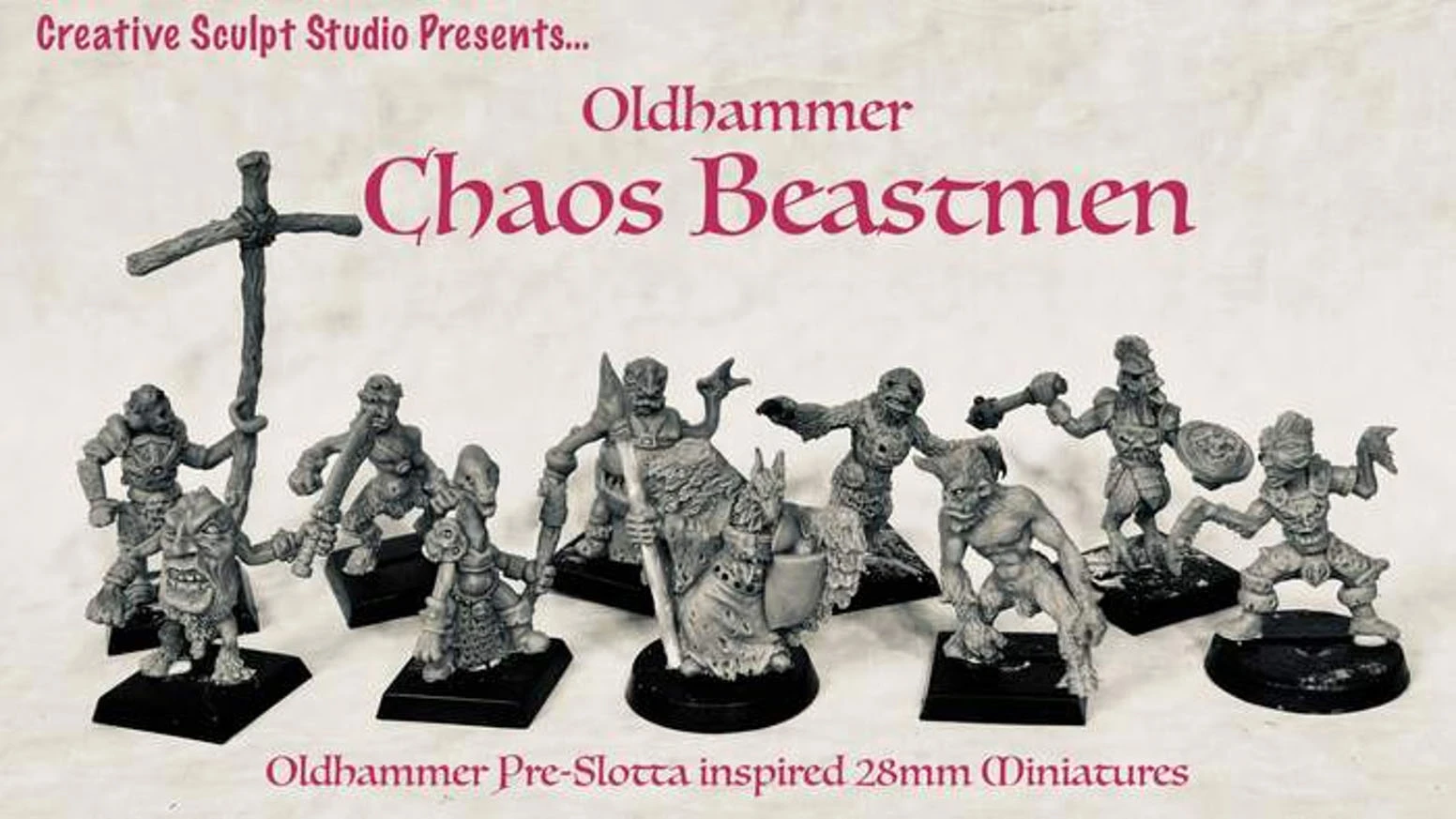 A collection of ten hand-sculpted beastmen miniatures, cast in white metal, is displayed against a plain background. Each figure showcases a variety of bizarre mutations, including hooves, tentacles, and horns, while wielding different weapons and wearing minimal armor. The miniatures are presented on square bases, with some figures holding staffs or shields, reflecting a blend of originality and homage to classic Citadel designs.
