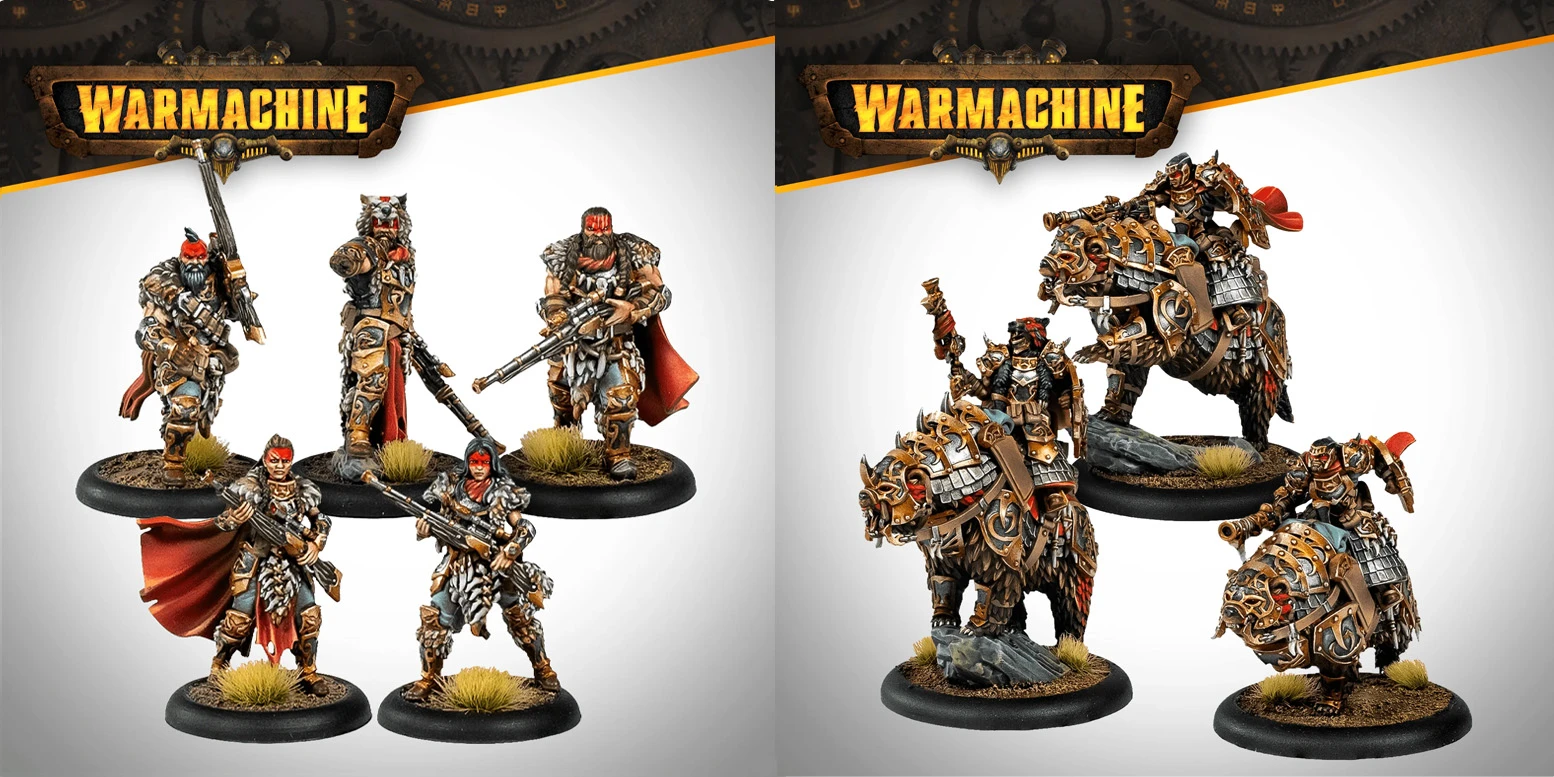 A group of five detailed miniatures from the Khador Old Umbrey Auxiliary Expansion for Warmachine is displayed. On the left, four figures are shown: two elite snipers, Liegemen Hunters, equipped with rifles, and two additional warriors in rugged armor, one wearing a distinctive red cape. On the right, a mounted figure rides a large, armored beast, showcasing intricate designs and a fierce expression. The overall color palette features earthy tones with accents of red and metallic details.